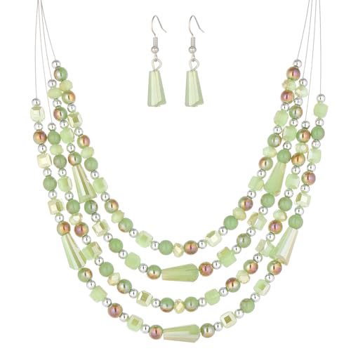 Errally Layered Beaded Statement Necklace Multi Strand Crystal Beads Collar Necklace and Earring Sets for Women Fashion Costume Jewelry Set Gifts for Her - color: Green