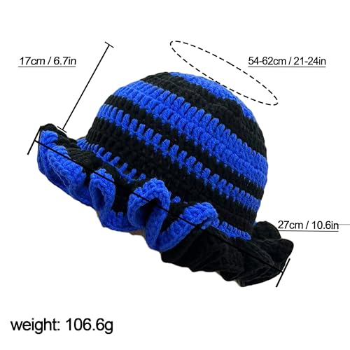 Handmade Crochet Bucket Hat for Women Boho Chic Slouchy Design Colorblock Ruffled Brim Festival&Daily Crochet Hat - color: Black and Blue Stripe