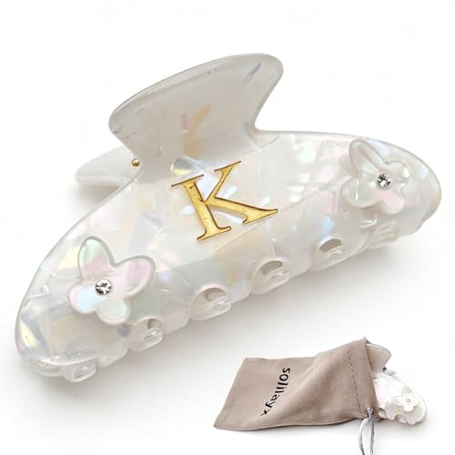 Iridescent Pearl Hair Claw Clip with Butterfly & Initial Charm, Fashionable Acrylic Hair Accessories for Women - color: K