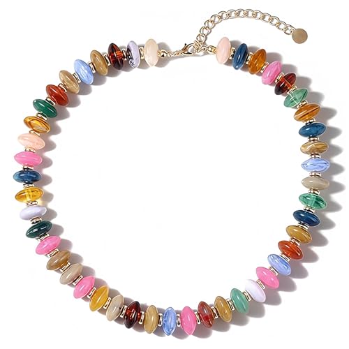 PINK TOWN Chunky Colourful Beaded Necklace for Women,Resin Acrylic Candy Color Clavicle Necklace Boho Gemstone Beaded Necklaces Statement Puff Jewelry for Summer Vacation - color: B