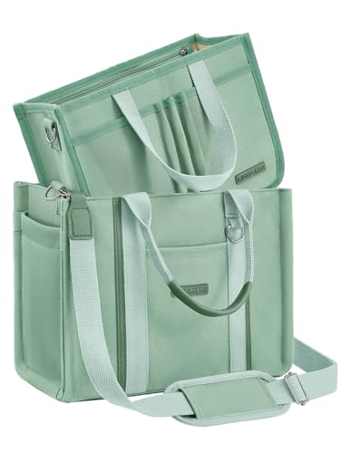 FIORETTO Women’s Canvas Tote Bag Purse with Zipper, Multi Compartment & Reinforced Bottom, Ideal for Work, Bible, Travel - color: Green, size: Medium, style: Detachable Organizer