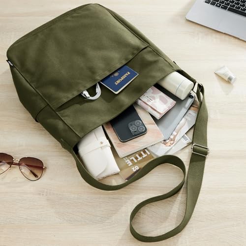 KALIDI Canvas Tote Bag Large Hobo Crossbody Shoulder Handbag Zipper Messenger Bag for Women or Men Casual College Work - color: Army Green