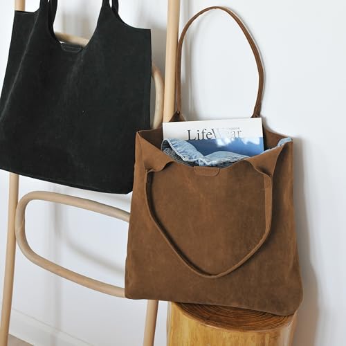 Soft Faux Suede Tote Bag for Women - Magnetic Closure Hobo Handbag, Casual Vegan Leather Purse - color: Brown
