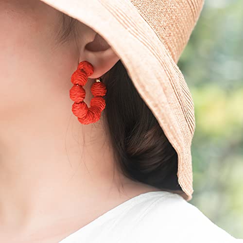 Raffia Hoop Earrings Statement Boho Beaded Earrings Cute Rattan Handmade Colorful Jewelry for Women Unique Summer Outfits - color: Red