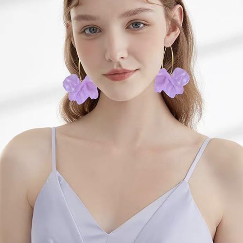 Exaggerated Bohemian Resin Rose Flower Petal Dangle Drop Earrings Long Acrylic Tiered Floral Tassel Earring for Women - color: Pearl Purple