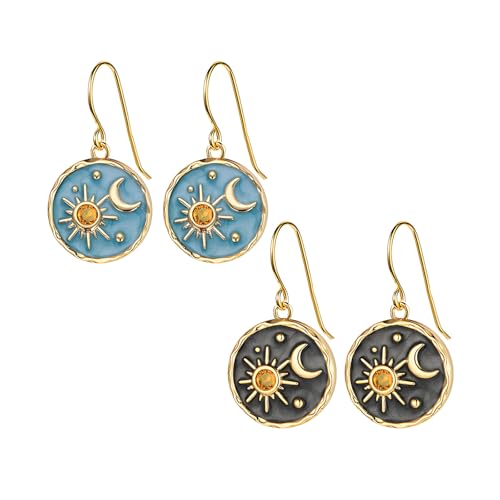 Dreuyet Vintage Boho Sun and Moon Drop Dangle Earrings for Women Handmade Unique Lightweight Antiqued Gold Silver Round Coin Greek Mythology Earrings Jewelry Gifts - color: Gold Blue Black