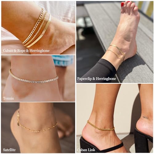 DEARMAY 14K Gold Plated Ankle Bracelets for Women Waterproof - Dainty 6Pcs Anklets Layered Cuban Link Chain Herringbone Cute Anklets Set Pack Summer Beach Jewelry Gift for Women Teen - color: Gold Anklet A