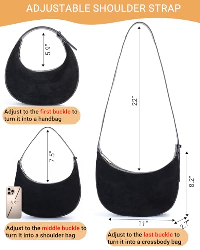 Herald Suede Crossbody Bag for Women, Vintage Hobo Handbag Crescent Shoulder Purses with Adjustable Strap Winter Fall - color: Suede Black