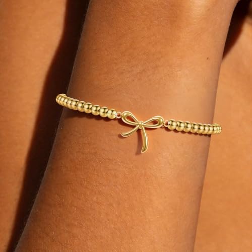 Elastic Beaded Charm Bracelets for Women - Adjustable Stackable Dainty Bracelet with Gold or Silver Charms, Jewelry Gift for Her - style: Gold-Bow