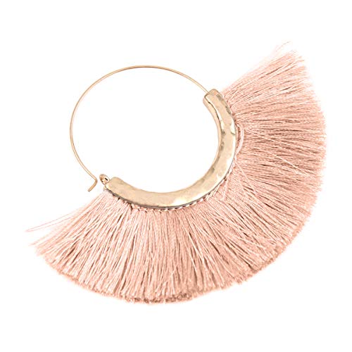 Bohemian Silky Thread Tassel Strand Fringe Statement Hoop Earrings - Lightweight Semi Circle Fan Threader, Mermaid Hoops - color: Halfmoon Tassel Hoops - Dusty Pink