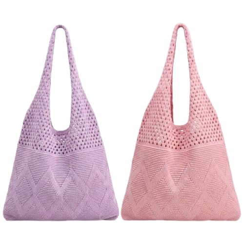 2/4 Pcs Crochet Mesh Beach Tote Bags, Summer Aesthetic Boho Knit Bag for Women Casual Vacation Essentials - color: Pink + Purple