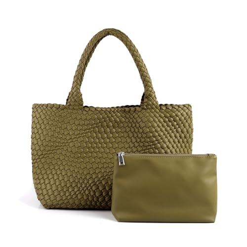 Woven Tote Bag Womens Purse Vegan Leather Shoulder Handbags Fashion Summer Beach Tote Bags Large Travel Totes - color: Olive Green