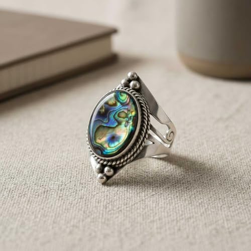 Handmade 925 Sterling Silver Plated Ring Natural Gemstone Carnelian, Rose Quartz, Tiger Eye, Crystal Oval Boho Jewelry For Women - color: Abalone Shell