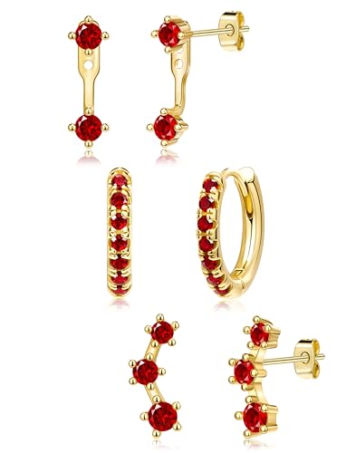 3 Pairs Dainty Small 4th of July Earrings for Women Trendy, Birthstone Stud Huggie Hoop Jacket Stack for Cartilage Helix, Gold Plated Hypoallergenic Cute Women Fashion Accessories Western Jewelry Gifts - color: 01Red Created Garnet-Jan (Gold)