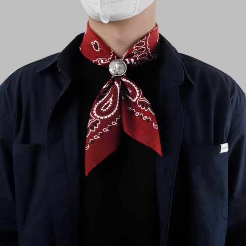 Western Bandana Scarf With Vintage Coin Buckle, Paisley Pattern Neck Scarf for Men Pocket Square Cowboy Scarves - color: Wine Red