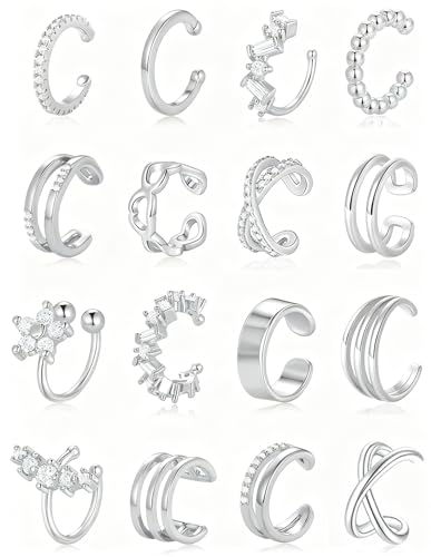 16Pcs Ear Cuff Earrings for Women Non Piercing Gold Silver Plated Ear Cuffs Non Pierced Clip on Cartilage Earring CZ Heart Flower Ears Wrap Fake Earrings Jewelry Set Lightweight Adjustable - color: Silver