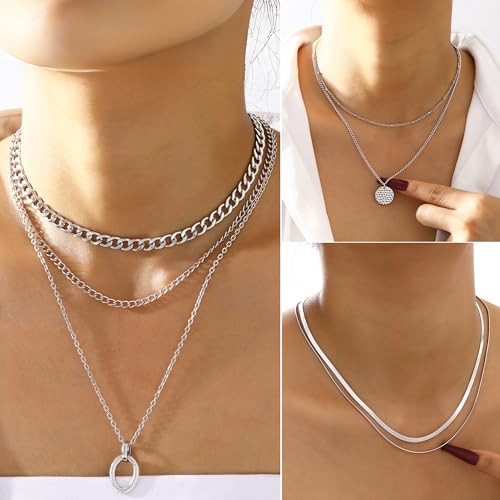 FAXHION 68 Pcs Gold Jewelry Set for Women with 7 Necklace, 17 Bracelet, 5 Hoop Earrings, 15 Stud Earrings, 24 Knuckle Rings for Women Jewelry Set for Women Gift - color: silver jewelry set