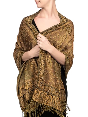 Achillea Reversible Paisley Pashmina Rave Scarf – Exotic Indian Shawls and Wraps for Evening Dresses, Festivals, All Seasons - color: Bronze