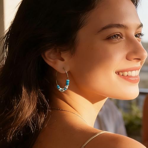 Natural Stone Beaded Hoop Earrings for Women, Boho Handmade Lightweight Hypoallergenic Trendy Summer Beach Accessories Fashion Jewelry Gift - color: Teal