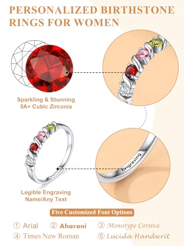Custom4U Personalized Mothers Ring with 1-5 Birthstones Names Engraved 925 Sterling Silver/14K White Gold Plated Birthstone Rings for Women Promise Ring Birthday Jewelry Gifts for Mom Grandmother Wife - color: 4 Birthstones Ring (Custom)