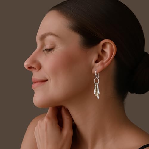 LeCalla 925 Sterling Silver Drop & Dangle Earrings for Women | Handmade Hammered Textured Drop Dangle Earring Jewelry | Women's Hammered Earrings Jewelry for Gift Mom Wife - color: Two-Tone Layered Bar