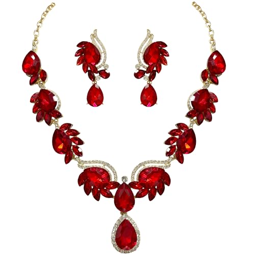 Women Jewelry Set Rhinestone Crystal Bride Statement Choker Necklace Teardrop Cluster Dangle Earrings Set for Wedding Prom Party - color: redness