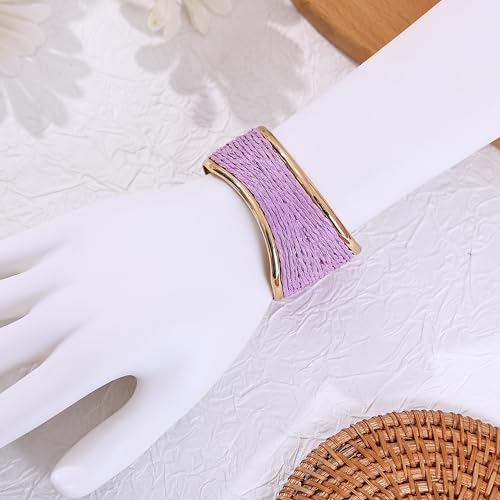 Raffia Colorful Chunky Cuff Bracelet For Women Statement Irregular Wave Vacation Tropical Beachy Spring Summer Wide Open Bangle Handmade Boho Costume Jewelry Accessories - color: Light purple