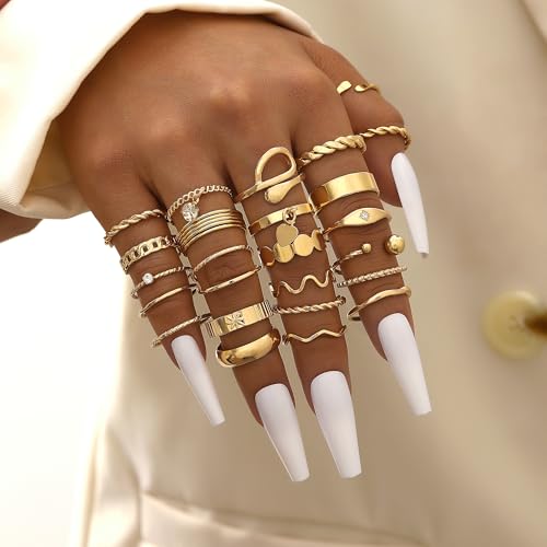 FAXHION 24-60 Pcs Gold Stackable Rings for Women, Knuckle Rings Chunky Gold Ring Set Dainty Stacking Cute Rings, Multiple Sizes Cute Jewelry Set Gift - style: Gold-24 Pcs01