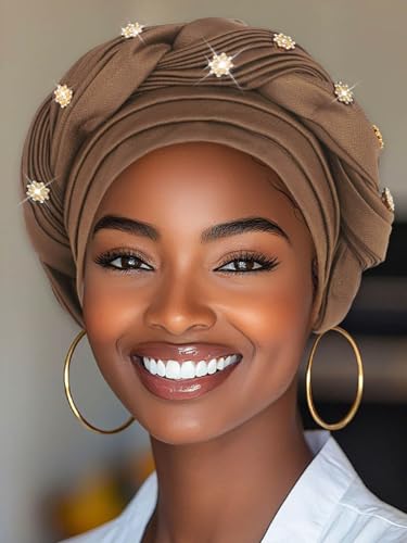 Woeoe Women African Turban Pre-Tied Twisted Beanie Cap Headwear Rhinestone Soft Stretchy Head Turbans - color: Brown