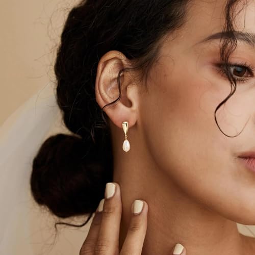 LLWOM Gold Silver CZ Teardrop Dangling, Pearl Drop Studs Dangle Earrings for Women Trendy, Hypoallergenic Jewelry Gift for Wedding/Party/Prom/Daily - color: Gold Pearl Teardrop