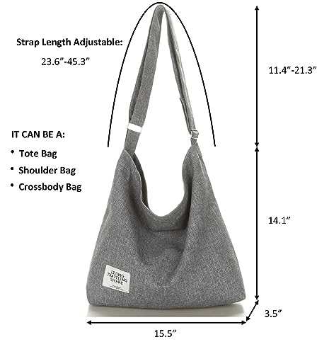 Covelin Women's Retro Large Size Canvas Shoulder Bag Hobo Crossbody Handbag Casual Tote - color: Light Grey