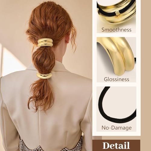 3PCS Gold Hair Ties, Metal Hair Ties for Thick Hair, Elegant Durable Geometric Design, Gold Hair Accessories Stretchy and Non-Damage Ponytail Cuff Holders, 3 Styles in Box Holiday Gifts - color: Gold Set 01