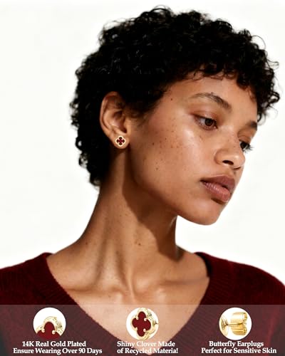 Elegant Black Onyx Clover Stud Earrings, 14K Gold Plated Four Leaf Hypoallergeinc Stud Stainless Steel Flower Earring Lucky Simple Jewelry Gift for Women Shiny Multiple Onyx Colors - color: Wine Red