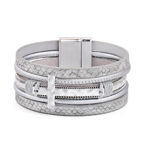 VIBILIA Boho Leather Wrap Bracelets for Women Men Multi-Layer Bracelets with Strong Clasp Western Jewelry - color: 06-Cross-Silver