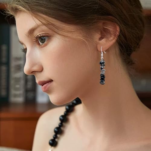 Handmade Bohemian Vintage Silver Nature Stone Beads Long Dangle Drop Earrings for Women - color: Grey