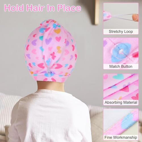 Basumee Microfiber Hair Towel Wrap for Kids 2 Pack Rapid Drying Hair Towel with Button Hair Turbans for Wet Hair Wraps Head Towel Wrap for Women and Girls - color: Pink Purple Love