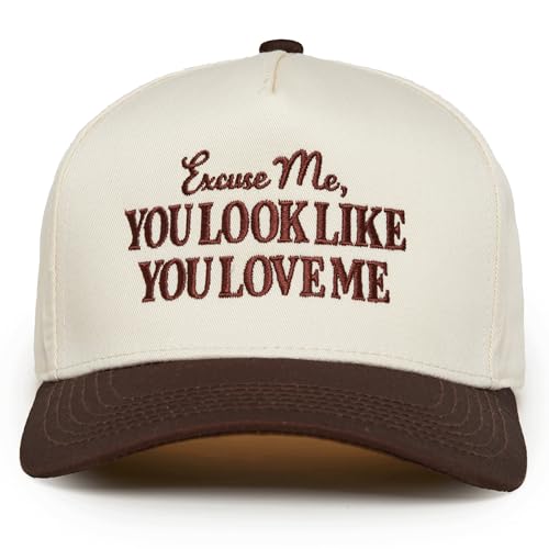 Funky Junque Vintage Canvas Snapback Hat - Adjustable 2 Tone Cap for Men Women - Put It On My, Cowboy, Girl Dad, Funny - color: Excuse Me, You Look Like You Love Me -Brown/Beige