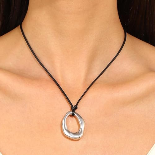 Black Cord Necklace with Gold Circle Pendant Chunky Leather Cord Necklace Large Round Pendant Statement Necklace Long Boho Jewelry Western Outfit for Women - color: A1