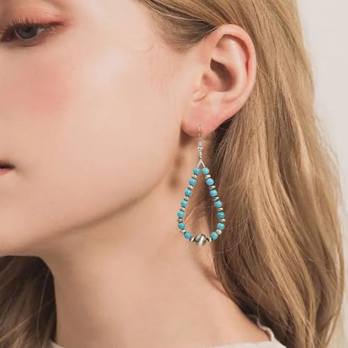 4 PCS Western Turquoise Jewelry for Women Boho Vintage Navajo Pearl Necklace Earring Bracelet Ring Set Country Cowgirl Accessories for Gift - color: E-Blue（No Ring）