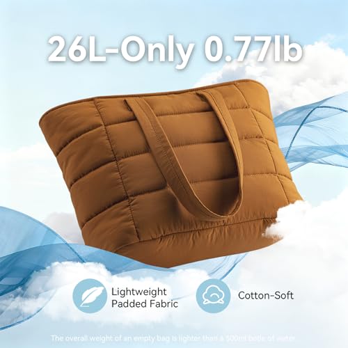 Puffer Tote Bag with Pouch, Women's Lightweight Quilted Shoulder Bag, 15.6"/17.3 Laptop Travel Weekender for Work & Nurses - color: Brown, size: Medium