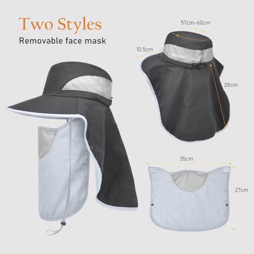 Womens Sun Hat Wide Brim UPF50+ Outdoor Sun Protection Ladies Fishing Hat with Neck Flap Detachable Face Cover - color: Dark Grey