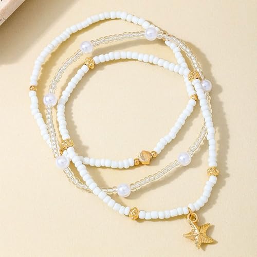 Gold Starfish Anklets for Women Seashell Ankle Bracelet Boho Stack Stretch Beaded Anklet Set Summer Beach Jewelry - style: A Style