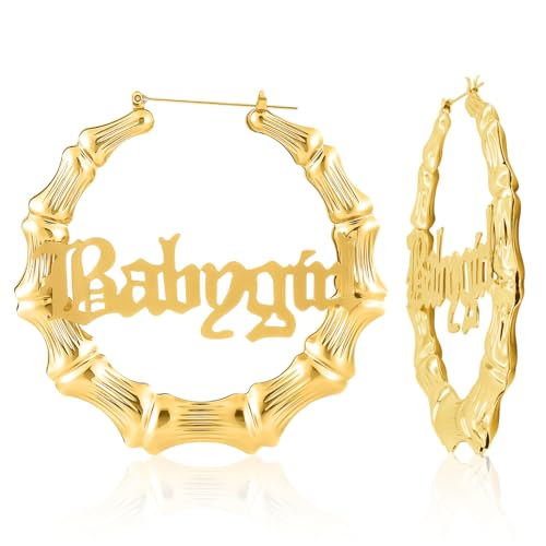 Bamboo Hoop Earrings, Large Hip Hop Bamboo Earrings for Women Silver Plated Statement Oversized Bamboos Hoop Earrings Set for 80s 90s Rapper Accessories Daily Wear Fashion Party - color: Letters, size: 90m