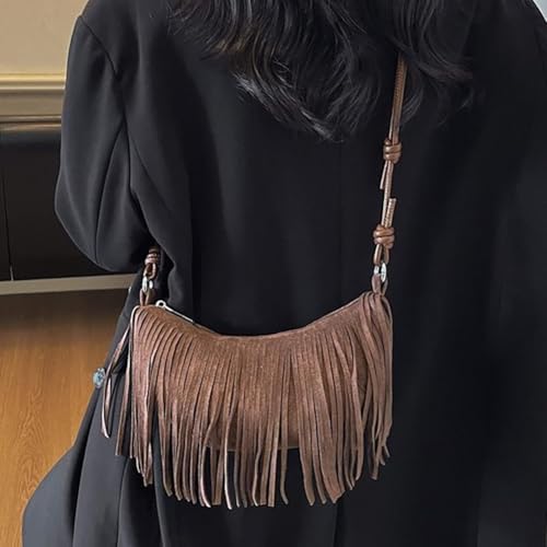 Women's Vegan Suede Fringe Crossbody Bag, Boho Crescent Shoulder Crossbody Purse, Retro Tassel Hippie Small Handbag Tote - color: Coffee
