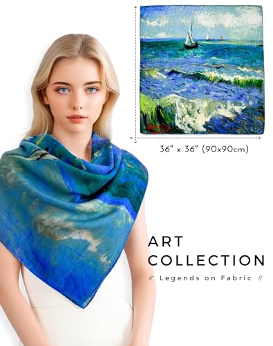 PoeticEHome Cashmere Scarf Wrap 36"x36" - Featherlight & Wrinkle-Free Artistic Square Shawl for Travel & Office, Gift Ready - color: Seascape at Saintes-maries - 36"