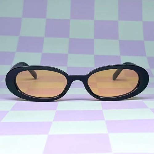 90s Sunglasses for Women Men Retro Small Oval Sunglasses - color: Black/Light Orange
