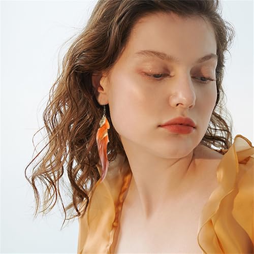 Bohemian Handmade Natural Long Feather Dangle Earrings for Women Multicolor Tassel Feathers Dangle Drop Earrings Vintage Bohemian Earrings Boho Feather Earrings - color: Orange