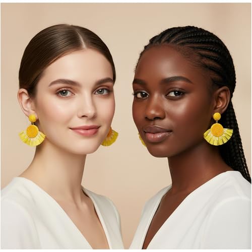 Boho Raffia Floral Fan-Shaped Dangle Earrings, Beaded Textured Statement Earrings with Fringe Detail, Lightweight Drop Earrings for Parties, Vacations and Everyday Outfits