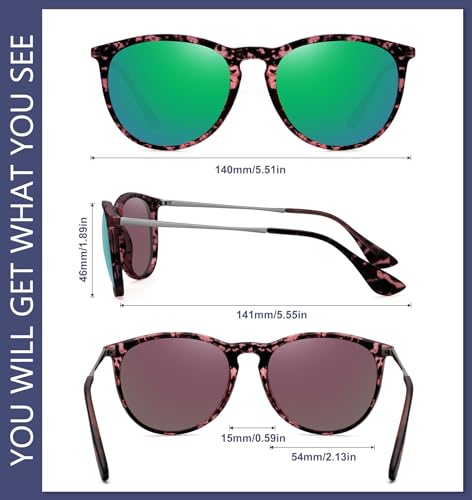 WOWSUN Retro Polarized Sunglasses Womens Trendy Round Classic Glasses - color: 3 Pack: Black+green Lens Leopard Frame+pink Lens Black Frame
