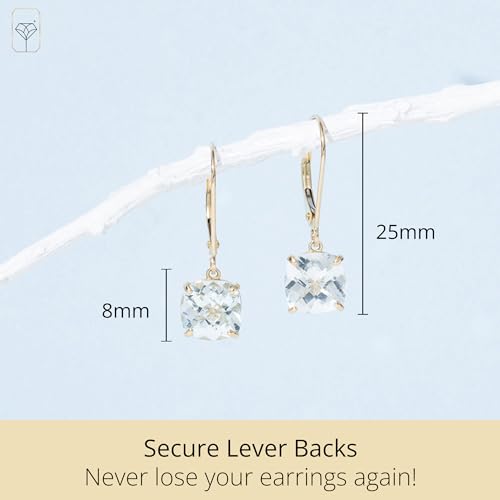 14k White or Yellow Gold Cushion Cut Gemstone Dangle Earrings for Women with 8mm Birthstones by MAX + STONE - color: Aquamarine